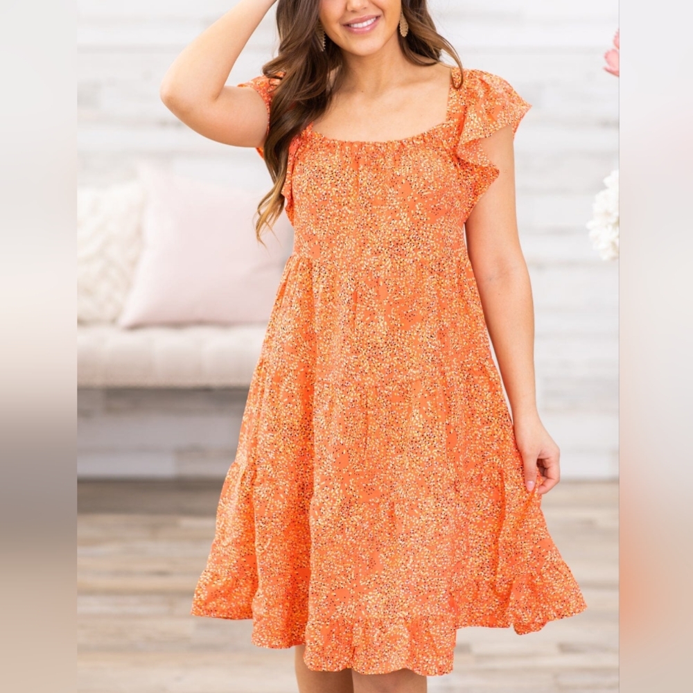 BOGO NWOT- Hailey & Co Ditsy Floral Orange Flutter Sleeve Dress- Small - Picture 1 of 5